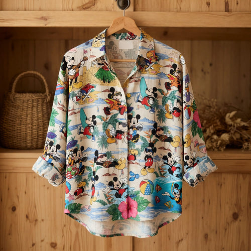 Mouse Beach Linen Shirt - Tropical Vacation Pattern