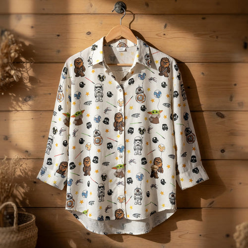 Galactic Green Baby Alien Linen Shirt - Green Baby Alien Cartoon Pattern