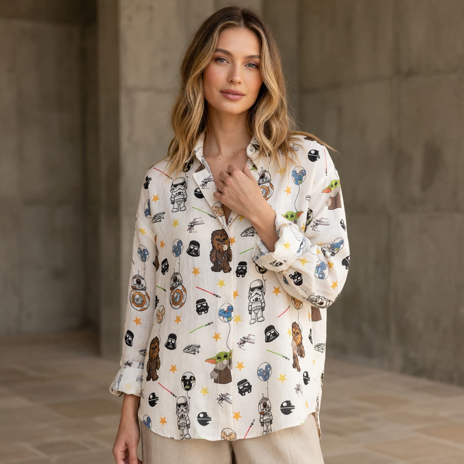 Galactic Green Baby Alien Linen Shirt - Green Baby Alien Cartoon Pattern