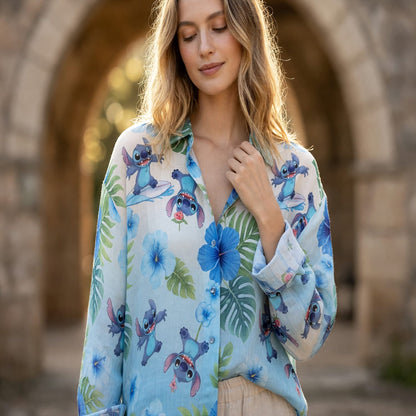Blue Alien Hawaiian Linen Shirt - Tropical Surf Apparel