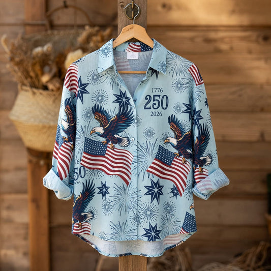 USA 250th Anniversary Linen Shirt - Patriotic Eagle Fireworks - PODH1FOU7U