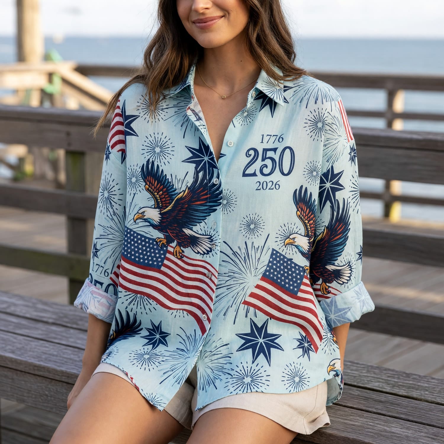 USA 250th Anniversary Linen Shirt - Patriotic Eagle Fireworks - PODH1FOU7U