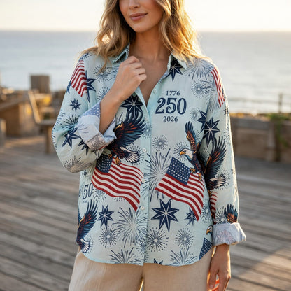 USA 250th Anniversary Linen Shirt - Patriotic Eagle Fireworks - PODH1FOU7U