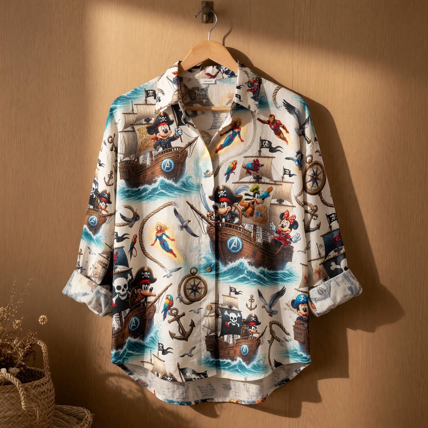 Pirate Linen Shirt - Mouse Superhero Cartoon Beachwear