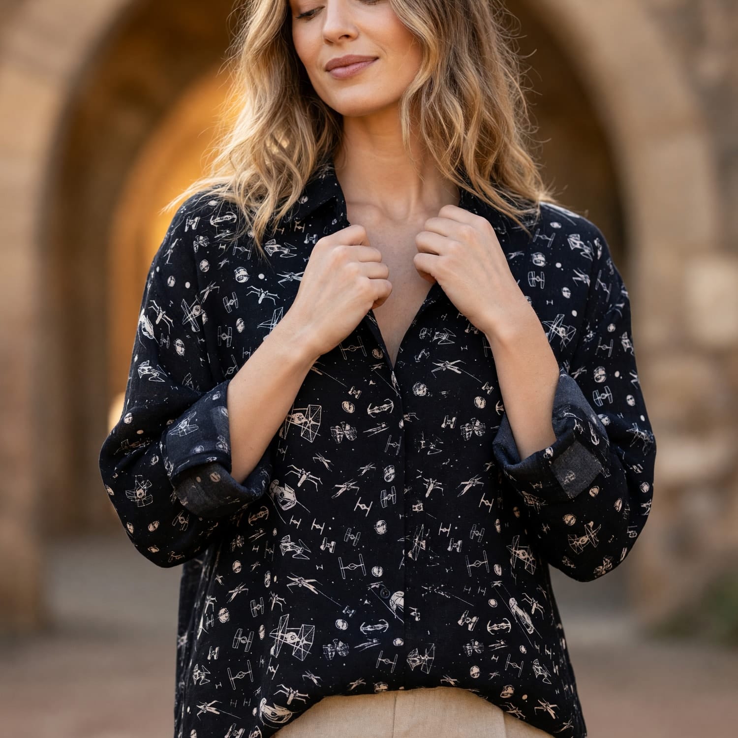 Galactic Fleet Linen Shirt - Galactic Spaceships Pattern Design