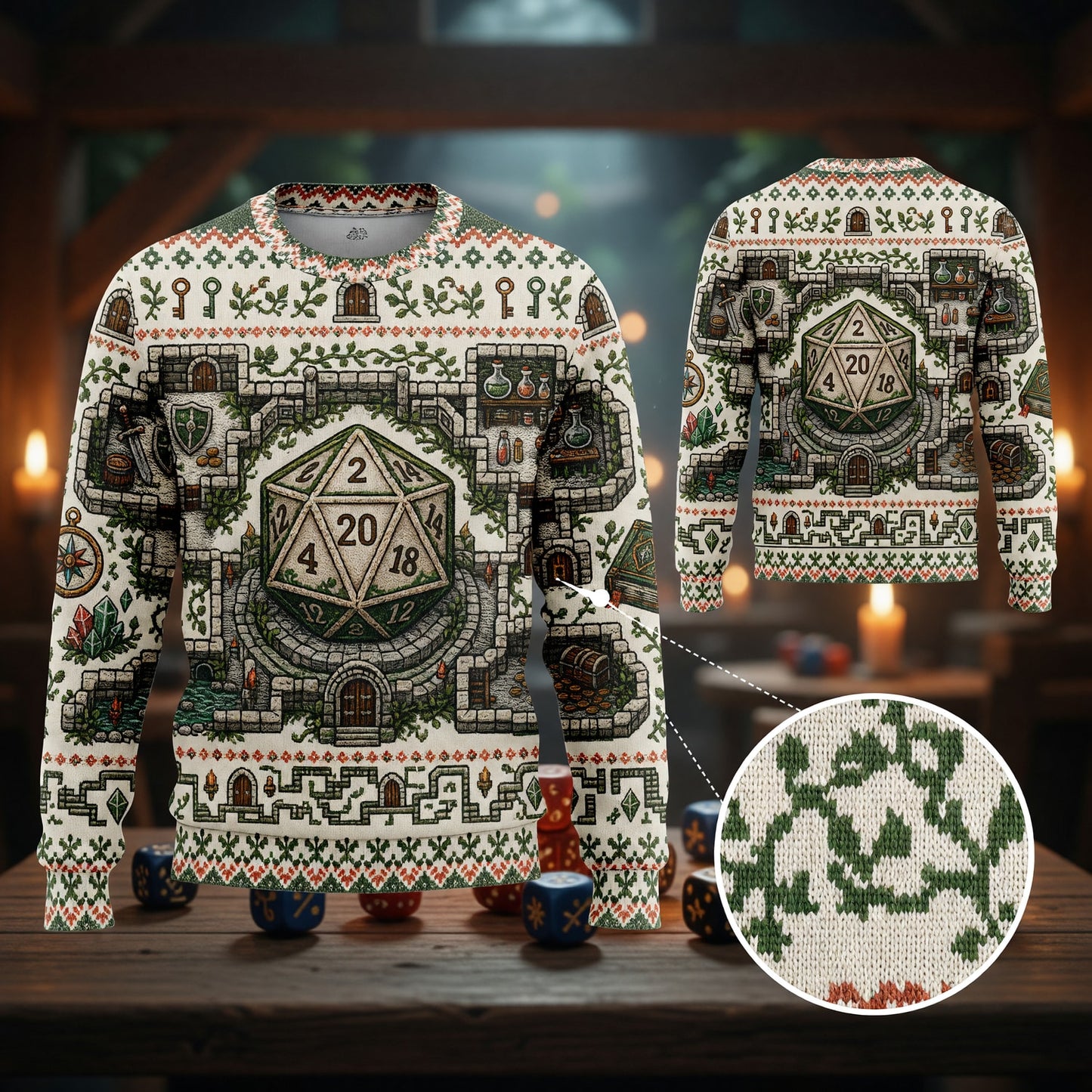 Fantasy Dungeon D20 Sweater - Fantasy RPG Dungeon Cross Stitch