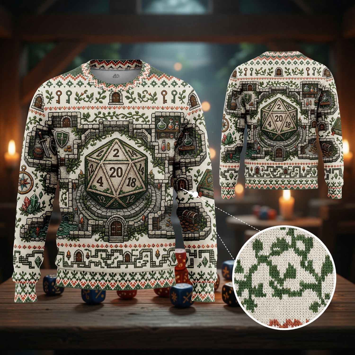 Fantasy Dungeon D20 Sweater - Fantasy RPG Dungeon Cross Stitch
