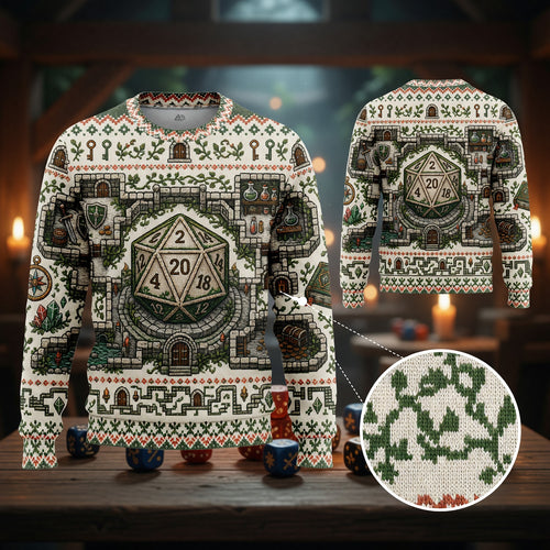 Fantasy Dungeon D20 Sweater - Fantasy RPG Dungeon Cross Stitch
