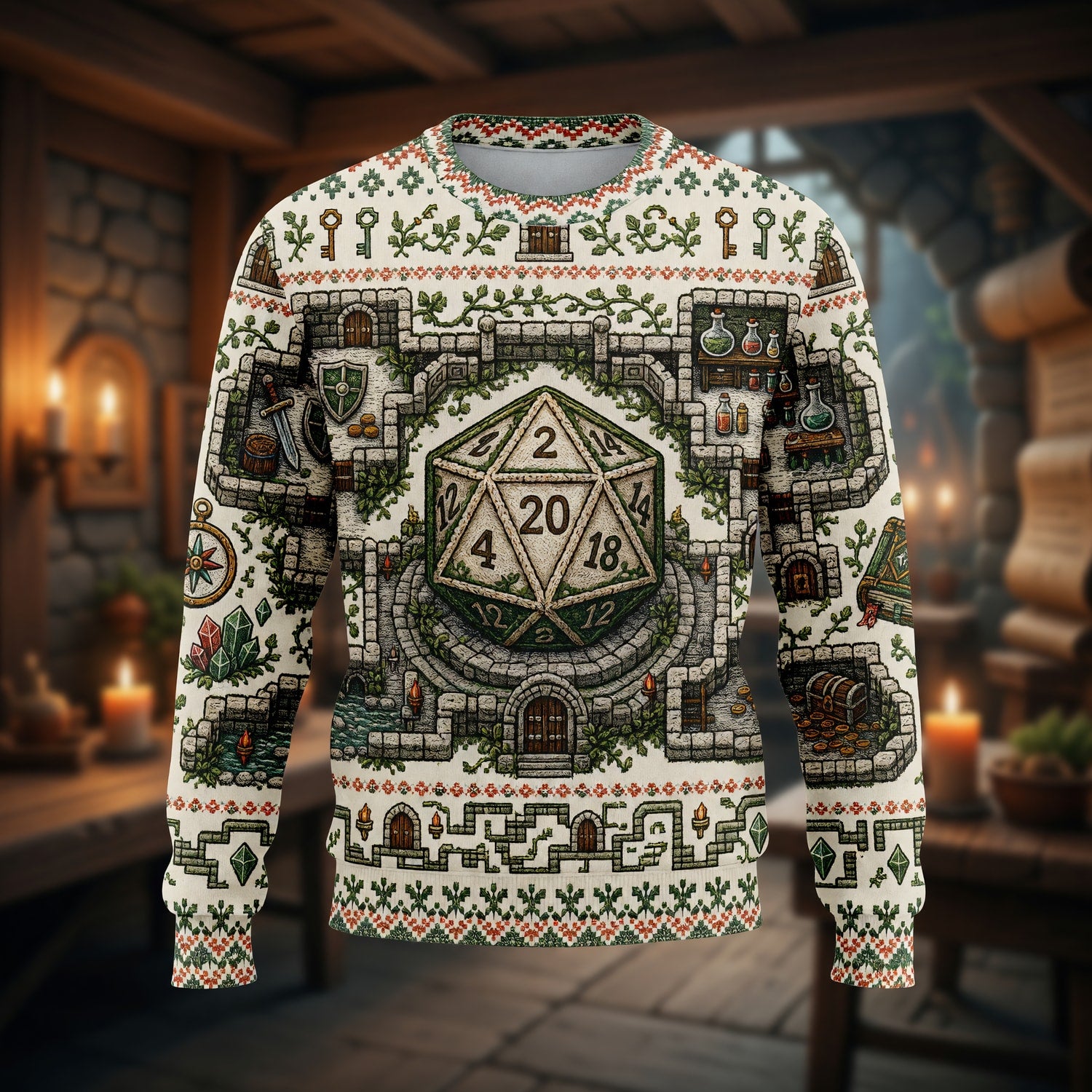 Fantasy Dungeon D20 Sweater - Fantasy RPG Dungeon Cross Stitch