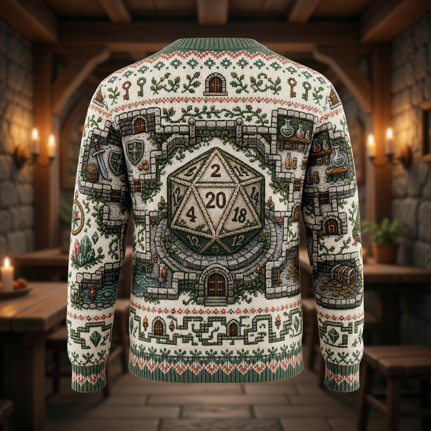 Fantasy Dungeon D20 Sweater - Fantasy RPG Dungeon Cross Stitch