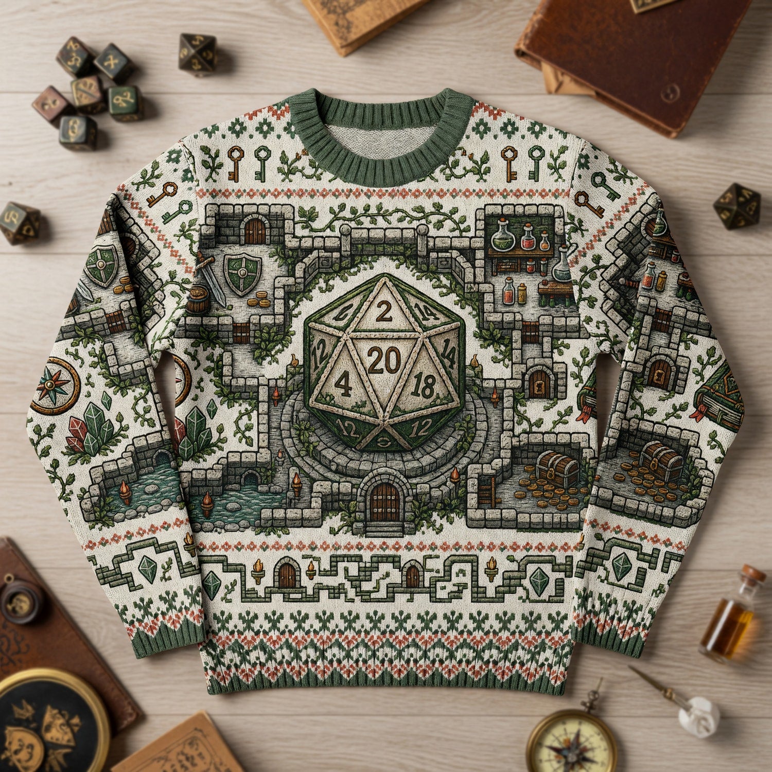 Fantasy Dungeon D20 Sweater - Fantasy RPG Dungeon Cross Stitch