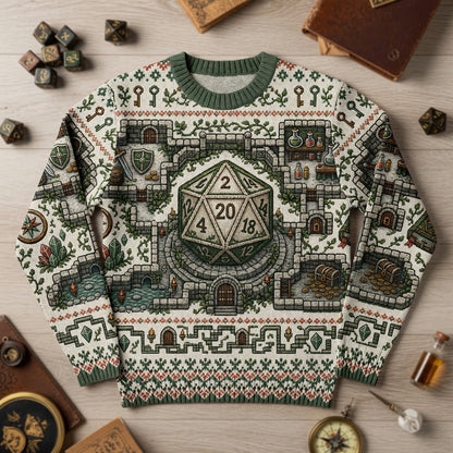 Fantasy Dungeon D20 Sweater - Fantasy RPG Dungeon Cross Stitch