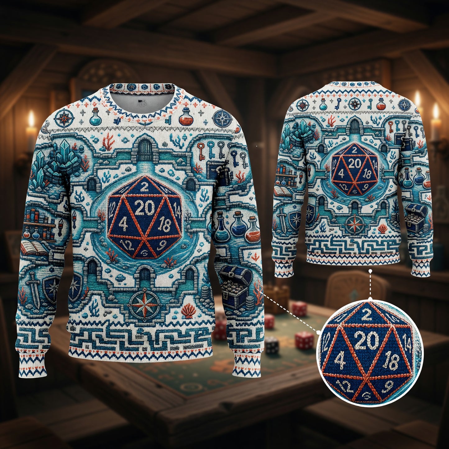 Fantasy Dungeon D20 Sweater - Fantasy RPG Cross Stitch