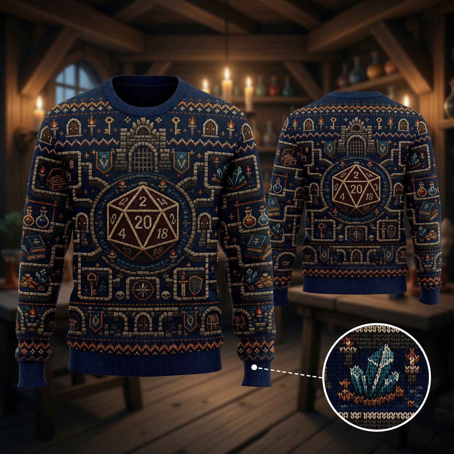D20 Dungeon Map Sweater - Fantasy RPG Pixel Knit