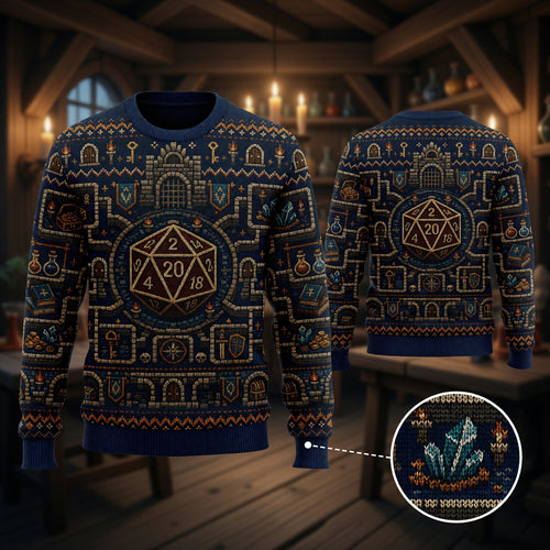 D20 Dungeon Map Sweater - Fantasy RPG Pixel Knit