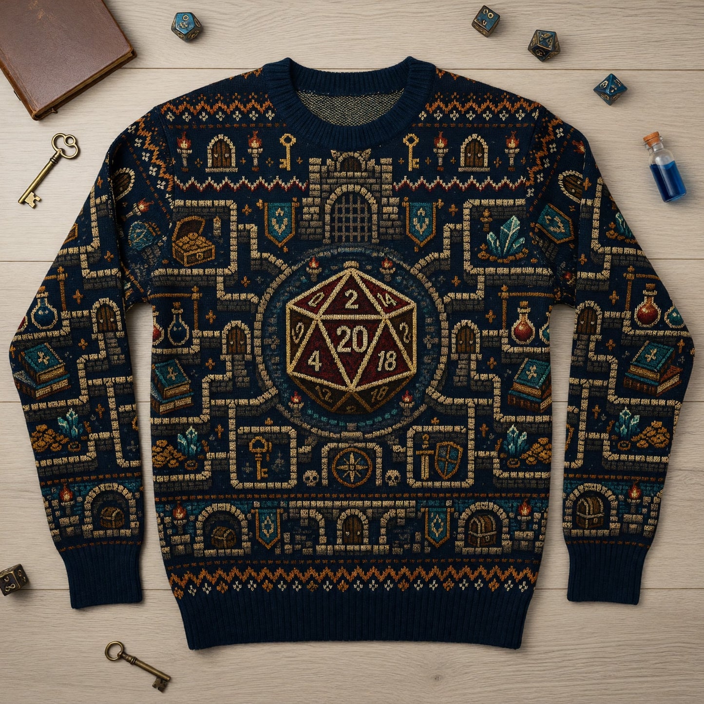 D20 Dungeon Map Sweater - Fantasy RPG Pixel Knit