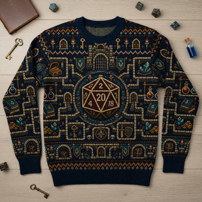 D20 Dungeon Map Sweater - Fantasy RPG Pixel Knit