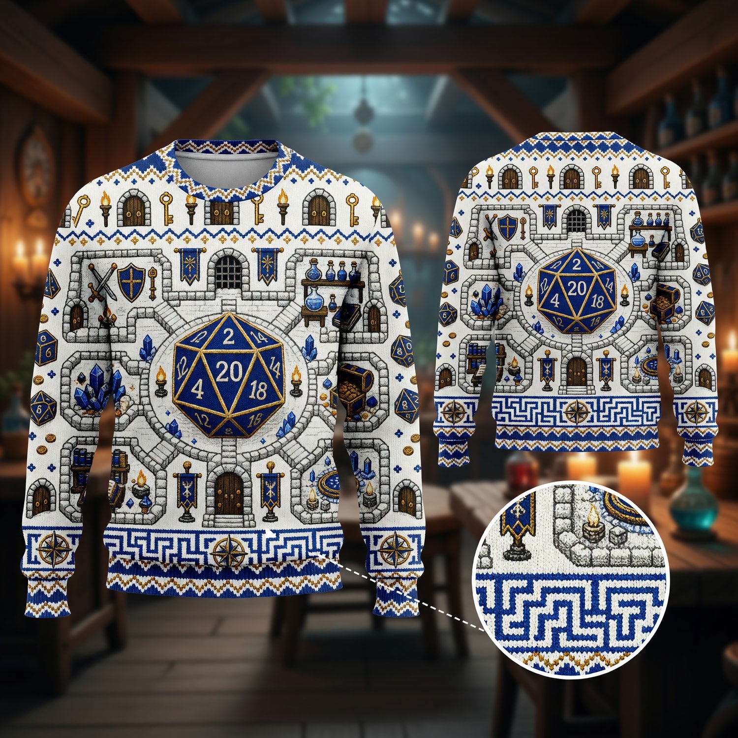 Fantasy Dungeon D20 Dice Sweater - Fantasy RPG Dungeon Map