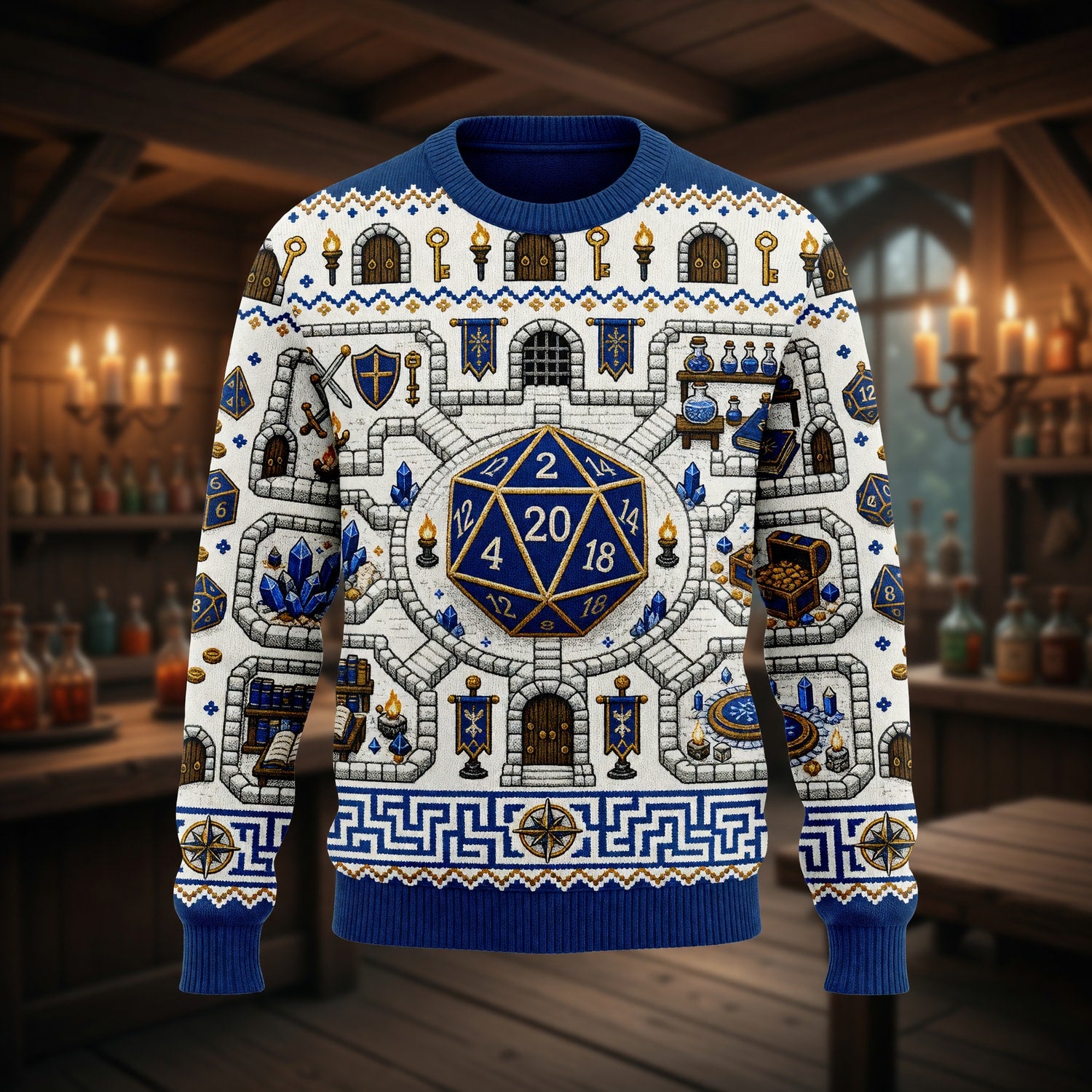 Fantasy Dungeon D20 Dice Sweater - Fantasy RPG Dungeon Map