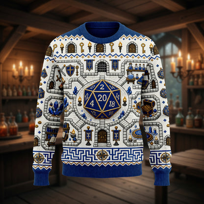 Fantasy Dungeon D20 Dice Sweater - Fantasy RPG Dungeon Map