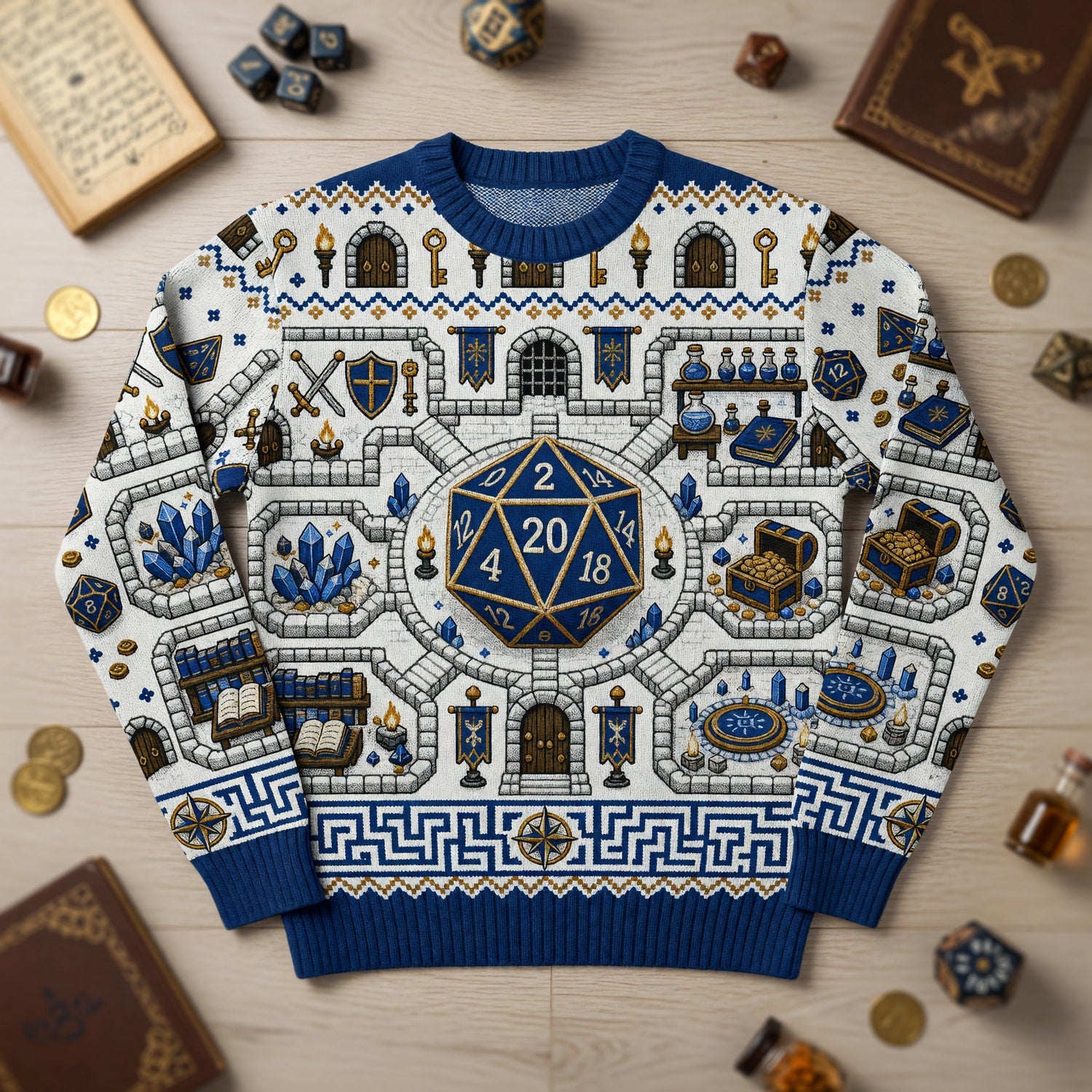 Fantasy Dungeon D20 Dice Sweater - Fantasy RPG Dungeon Map