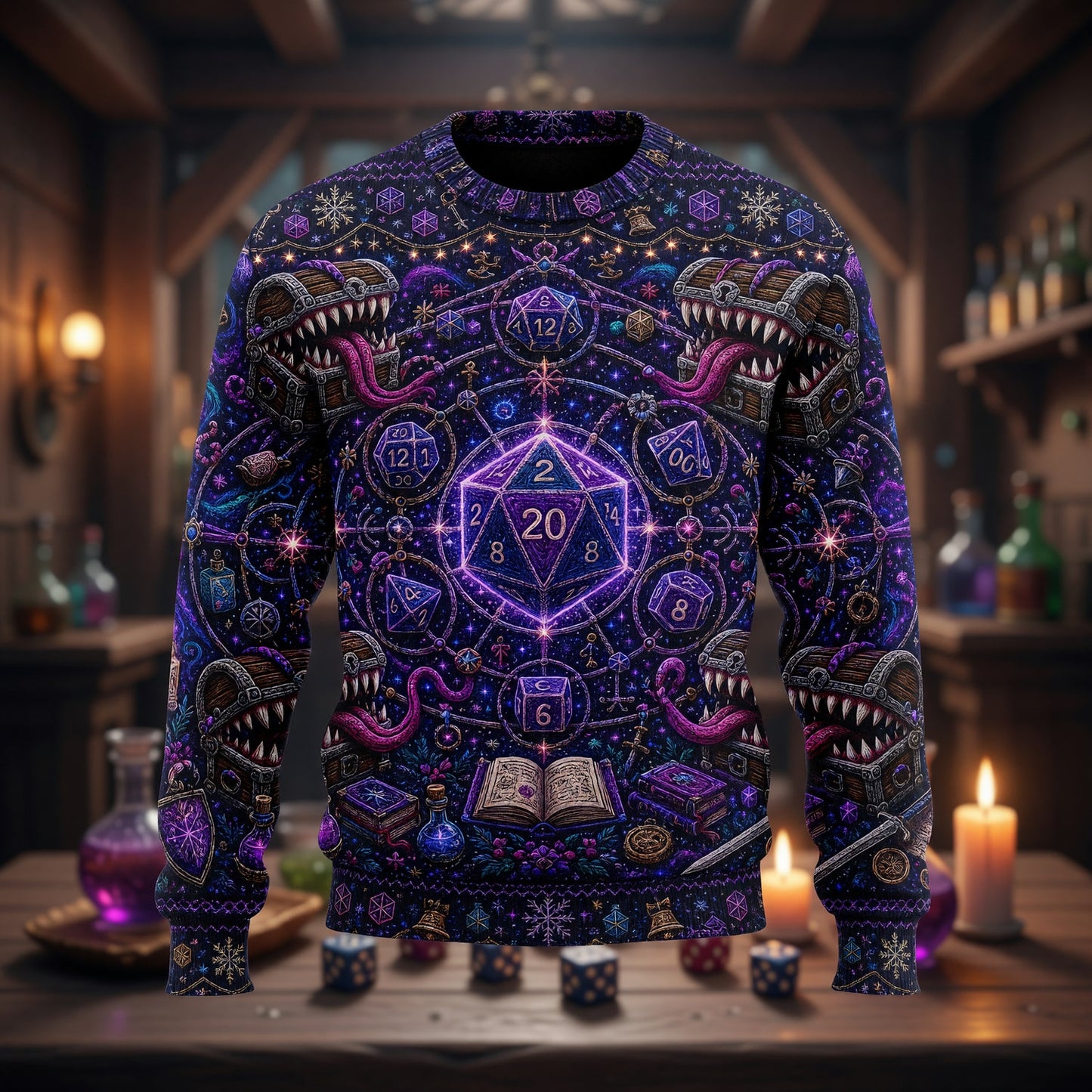 Christmas Mimic Sweater - Fantasy RPG Dice Holiday Apparel