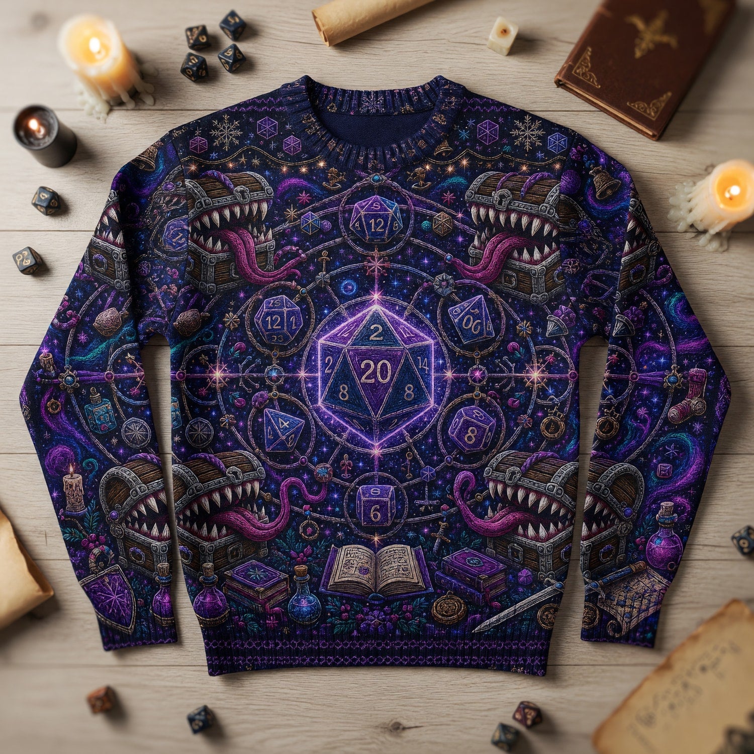 Christmas Mimic Sweater - Fantasy RPG Dice Holiday Apparel