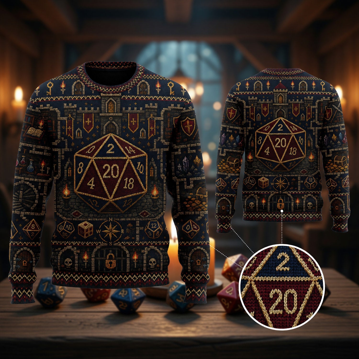 Fantasy Dungeon D20 Sweater - Vintage Fantasy RPG Dungeon Map