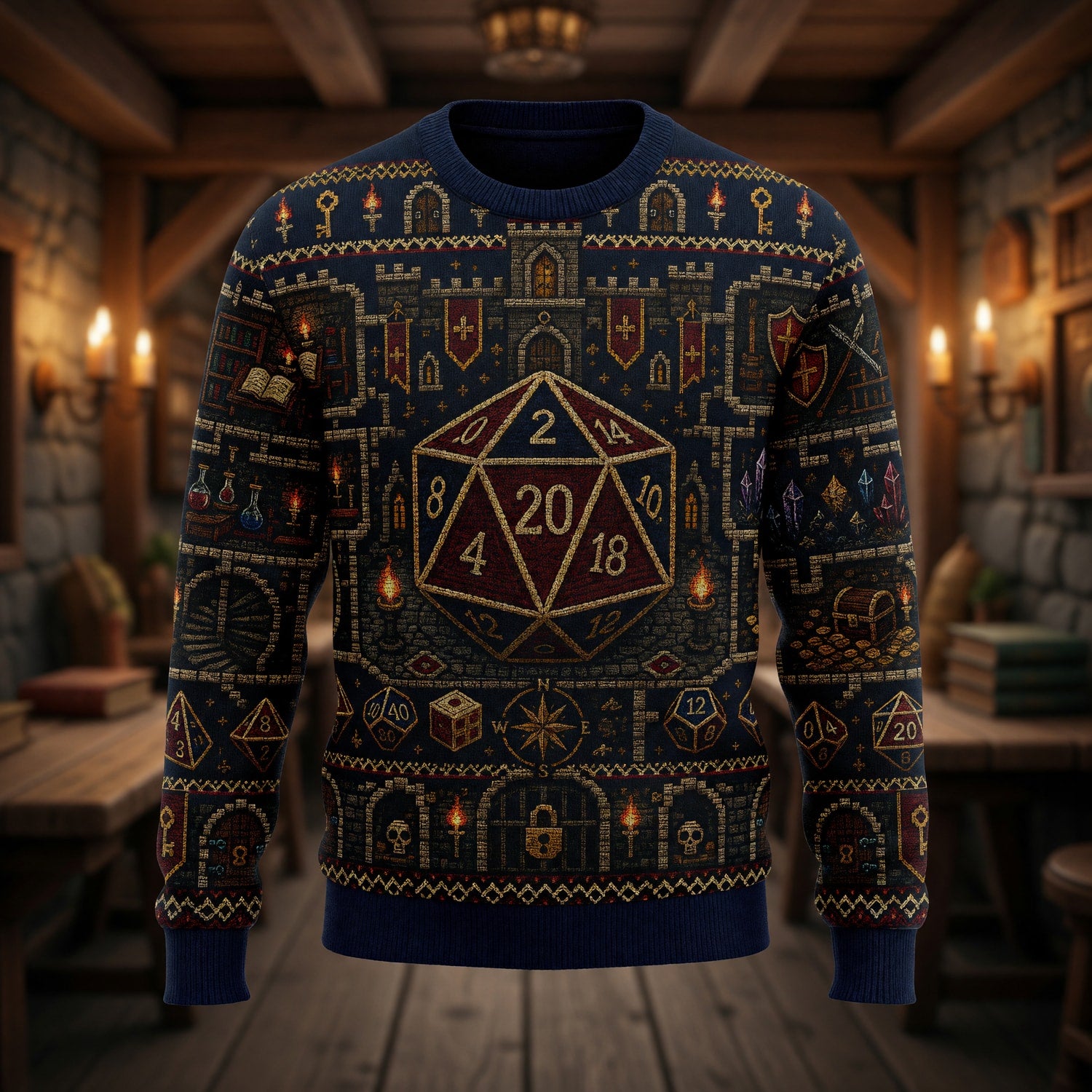 Fantasy Dungeon D20 Sweater - Vintage Fantasy RPG Dungeon Map