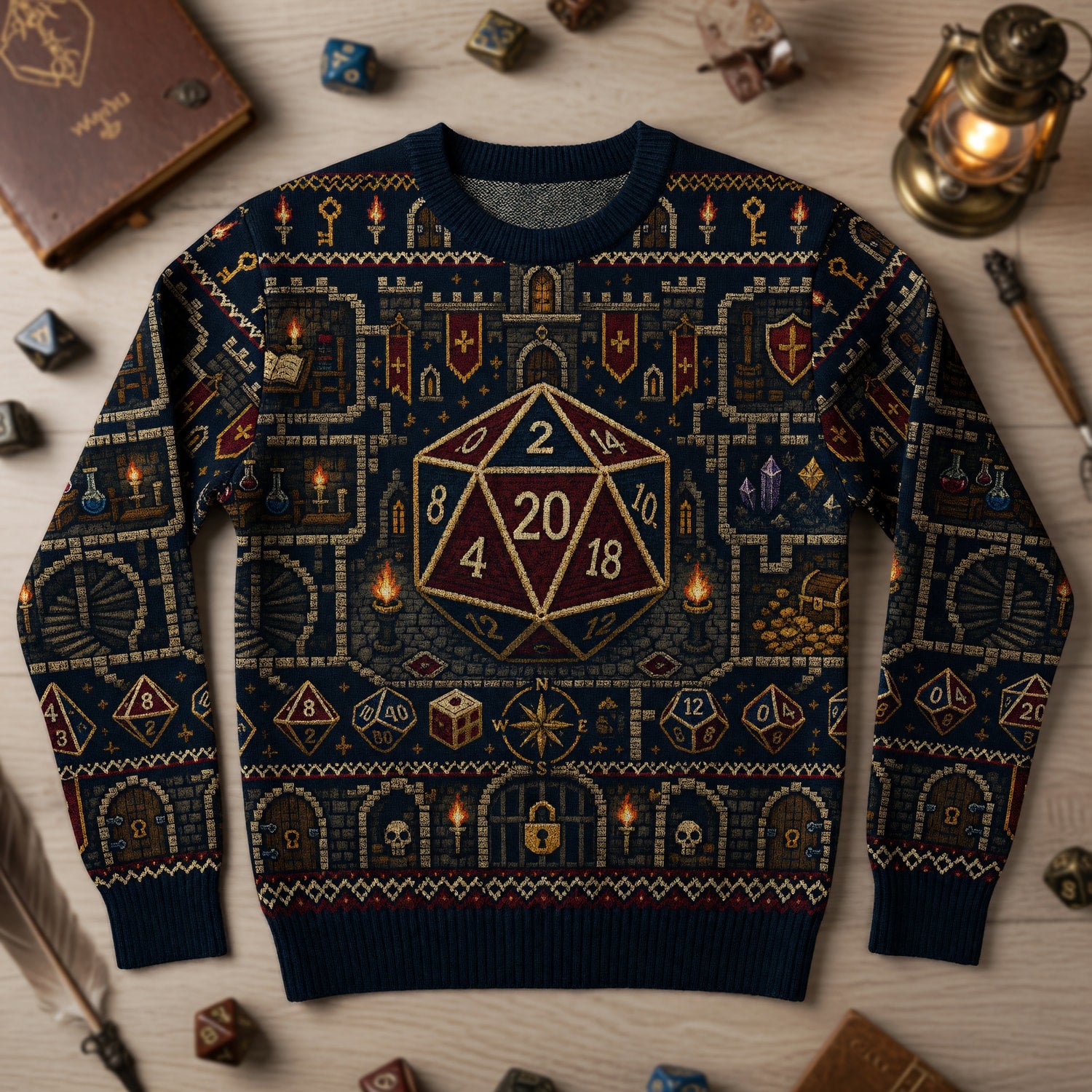 Fantasy Dungeon D20 Sweater - Vintage Fantasy RPG Dungeon Map