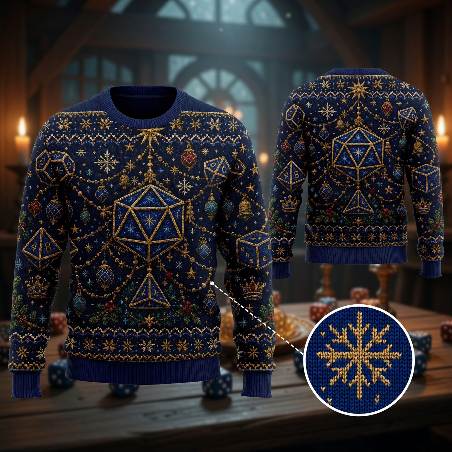 Fantasy Dungeon Dice Christmas Sweater - Holiday RPG Knitwear