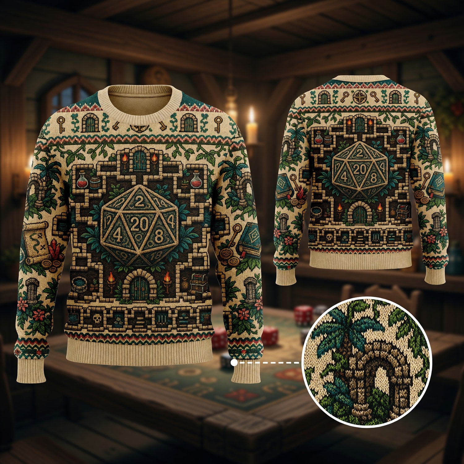 Fantasy Dungeon D20 Dice Sweater - Vintage Fantasy RPG Dungeon Map