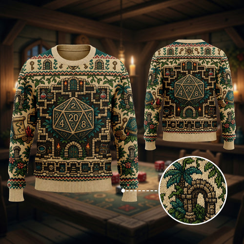 Fantasy Dungeon D20 Dice Sweater - Vintage Fantasy RPG Dungeon Map