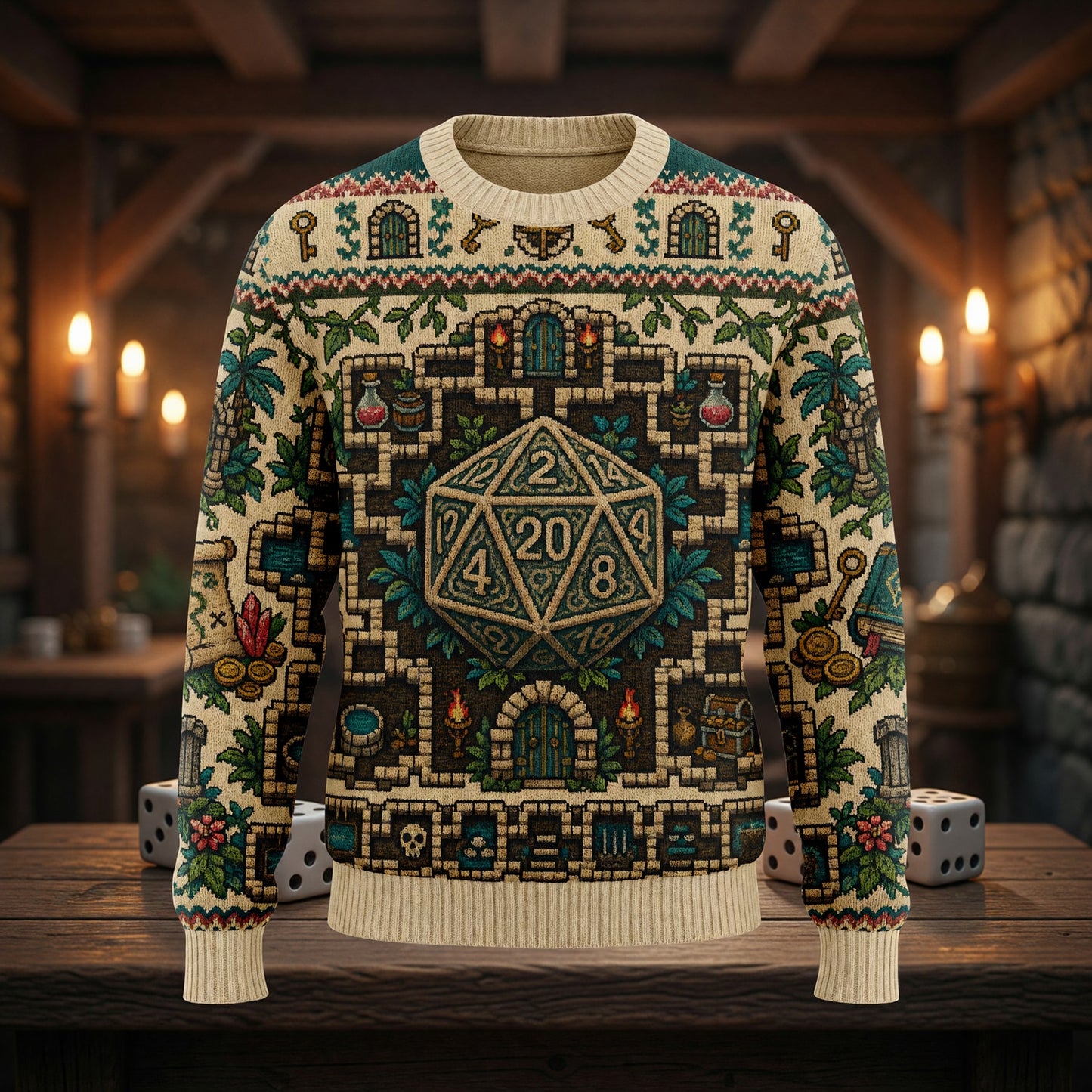 Fantasy Dungeon D20 Dice Sweater - Vintage Fantasy RPG Dungeon Map