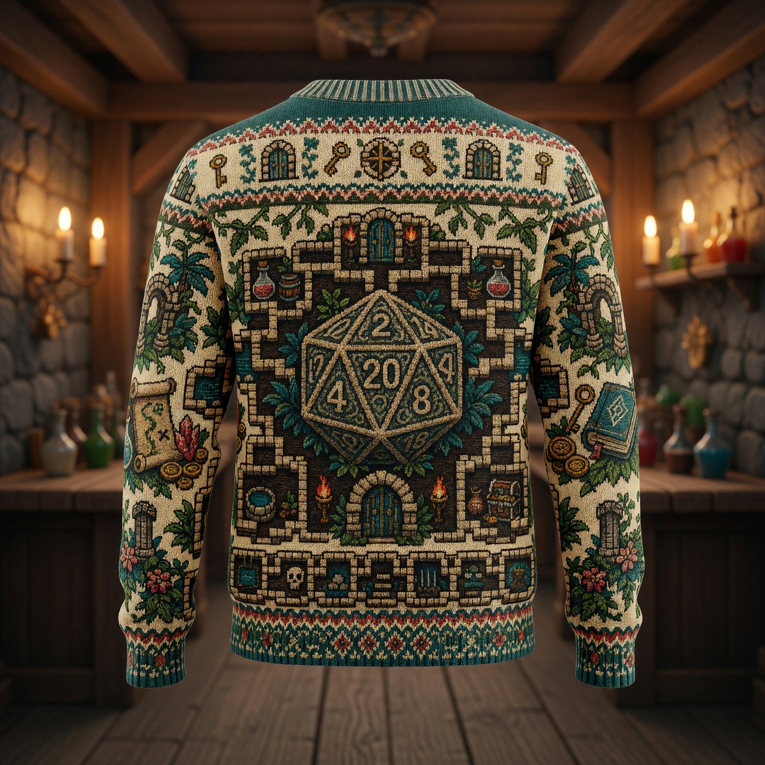 Fantasy Dungeon D20 Dice Sweater - Vintage Fantasy RPG Dungeon Map