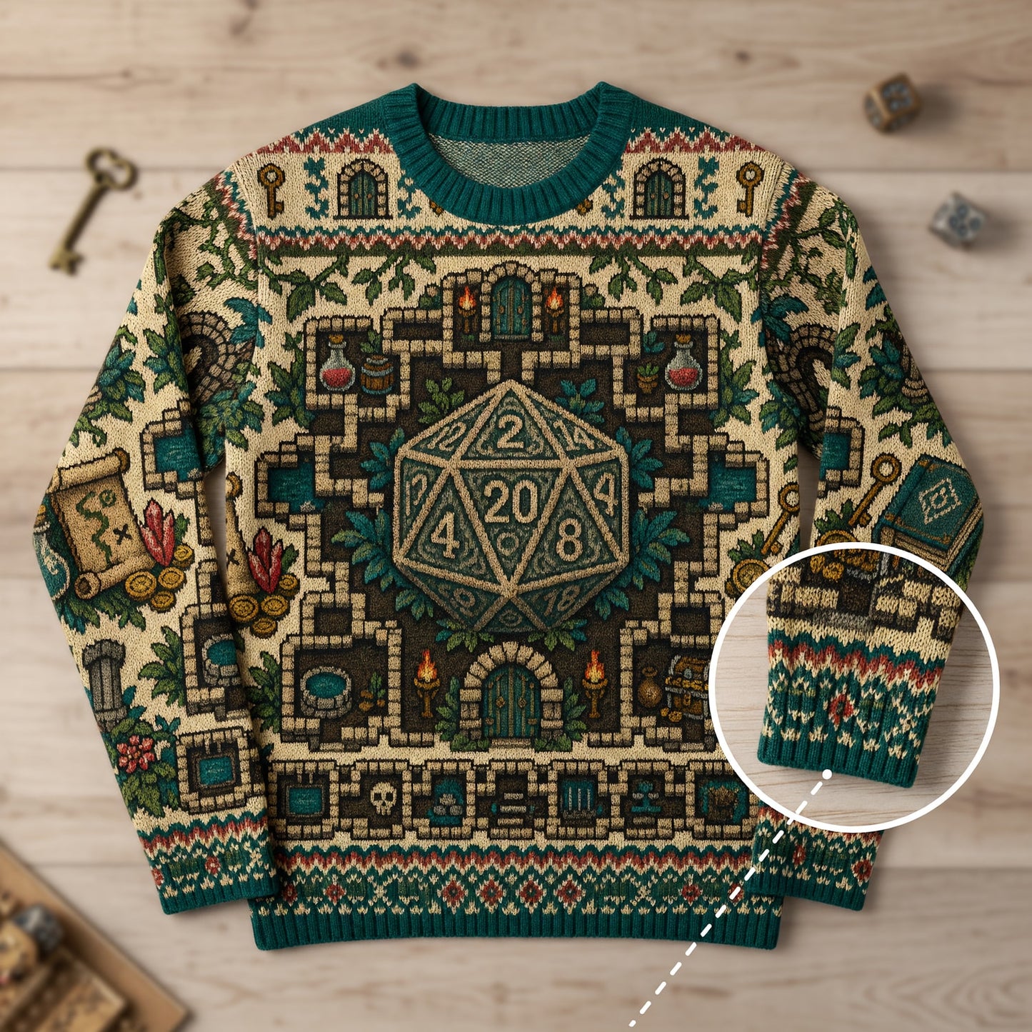 Fantasy Dungeon D20 Dice Sweater - Vintage Fantasy RPG Dungeon Map
