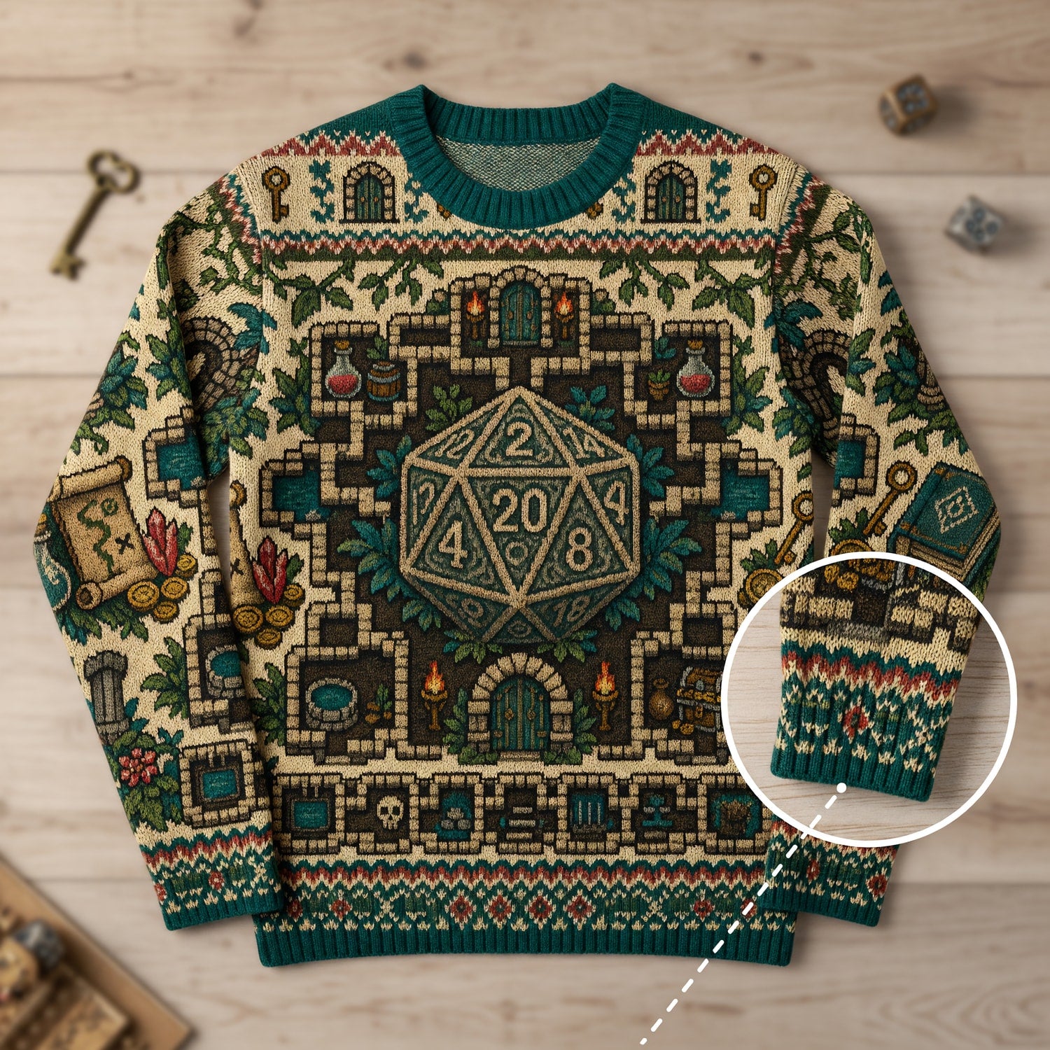 Fantasy Dungeon D20 Dice Sweater - Vintage Fantasy RPG Dungeon Map