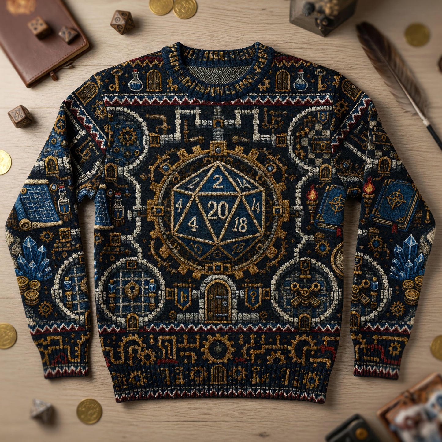 D20 Steampunk Sweater - Fantasy RPG Dice Knitwear
