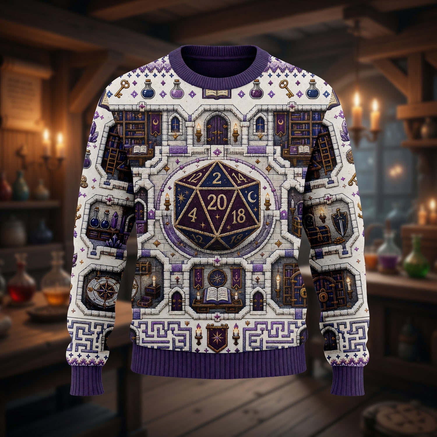 Enchanted Library Sweater - Fantasy RPG D20 Dice Map Design
