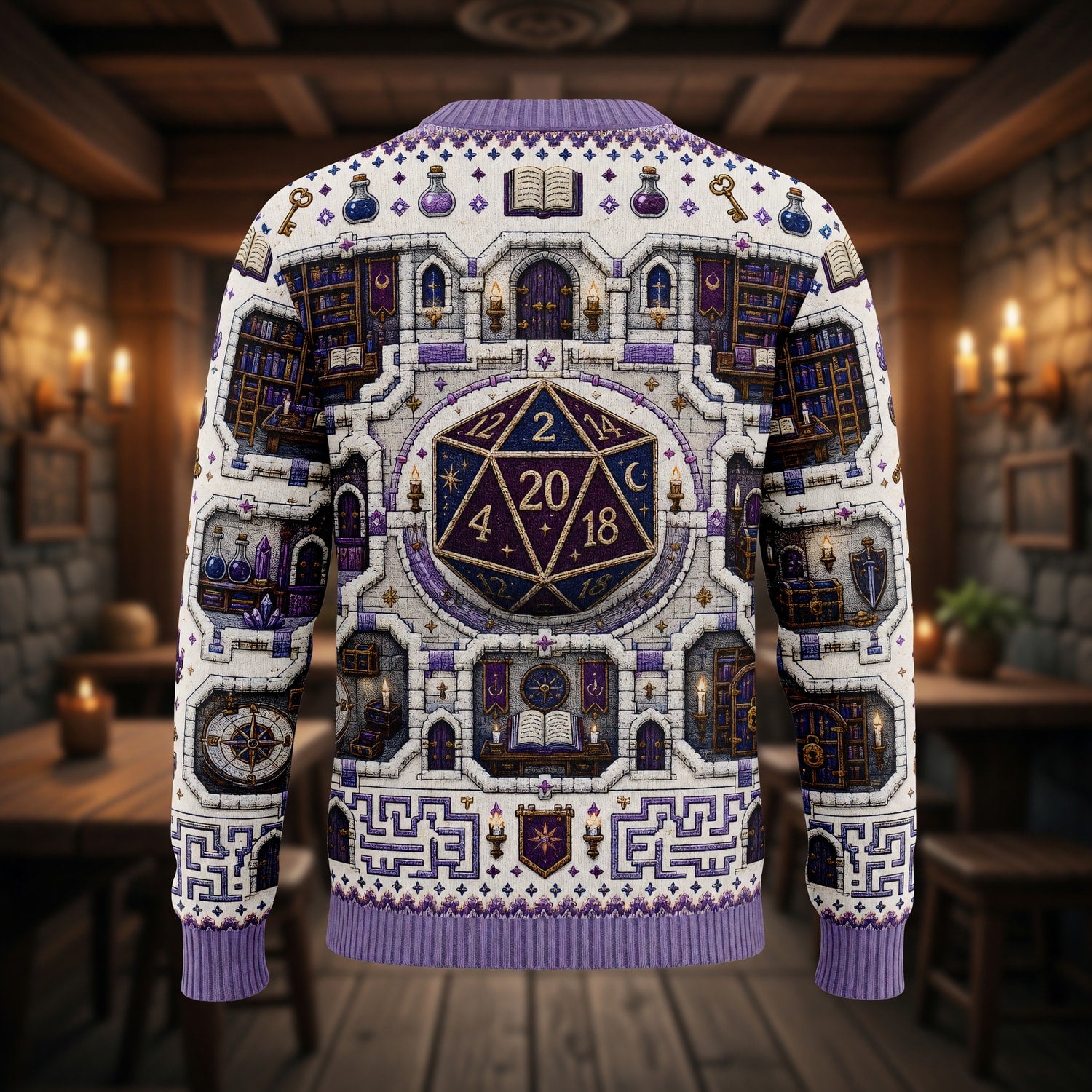 Enchanted Library Sweater - Fantasy RPG D20 Dice Map Design