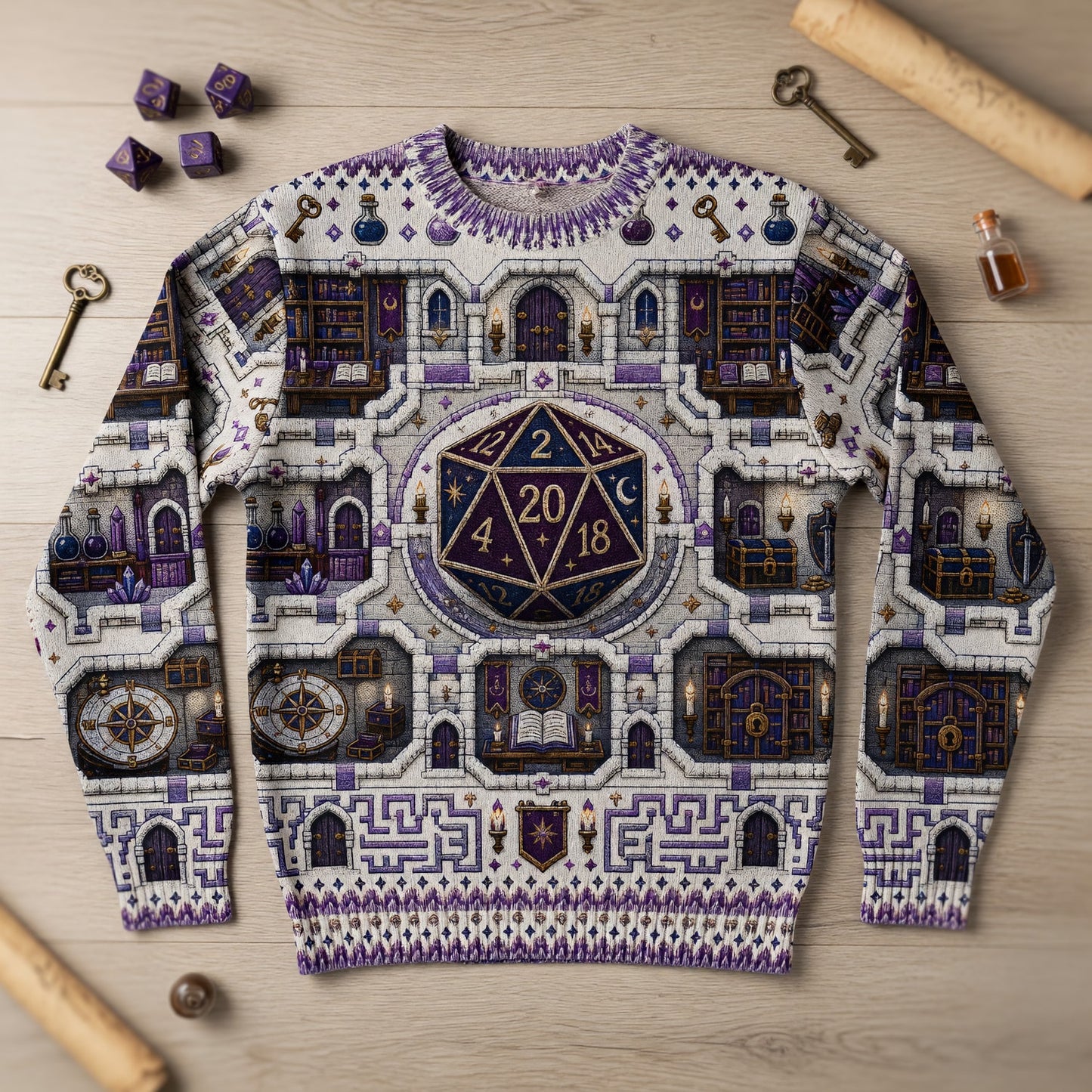 Enchanted Library Sweater - Fantasy RPG D20 Dice Map Design