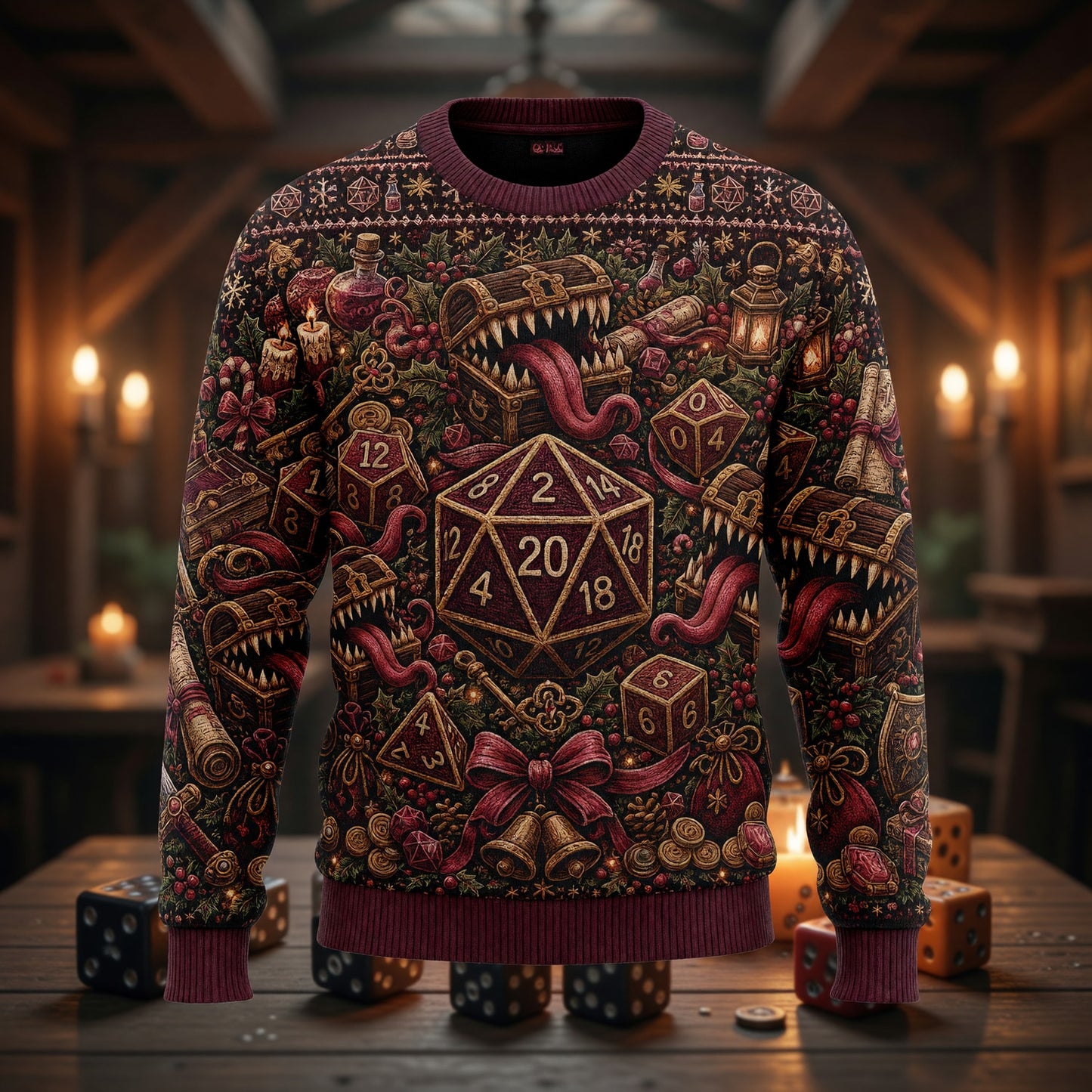 Mimic Christmas Sweater - Holiday Dice D20 Fantasy Apparel