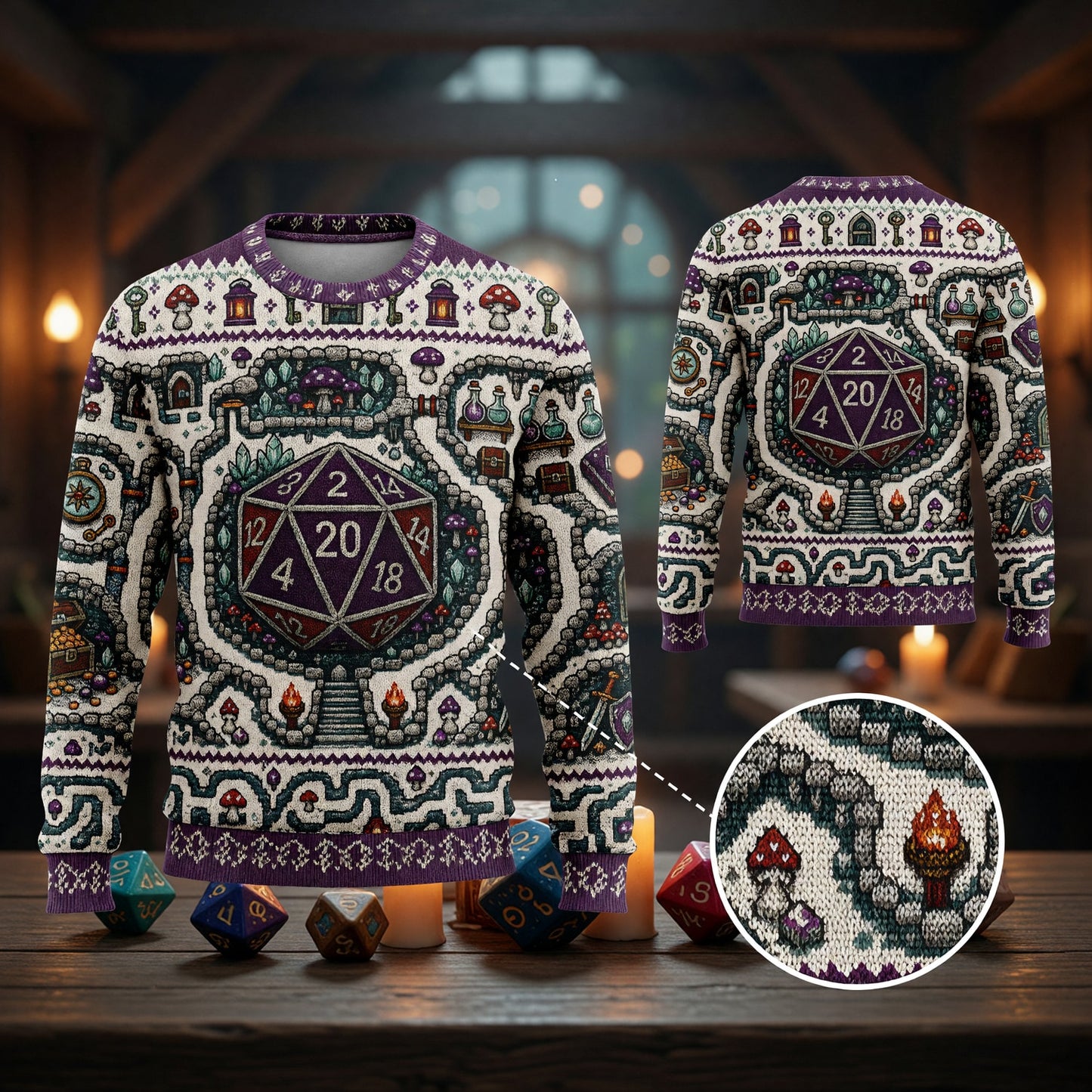 Fantasy Dungeon D20 Sweater - Fantasy RPG Dungeon Knitwear