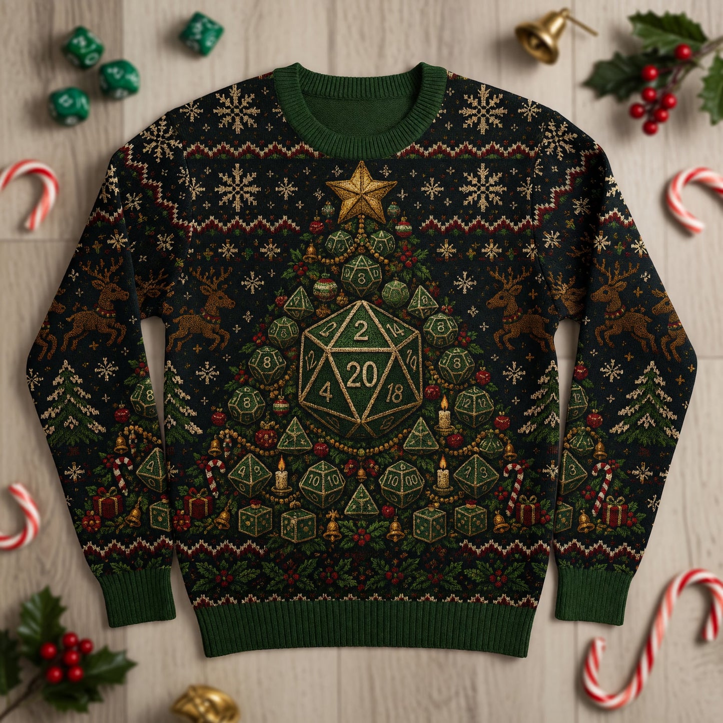 Fantasy Dungeon Dice Christmas Sweater - Holiday RPG Knitwear