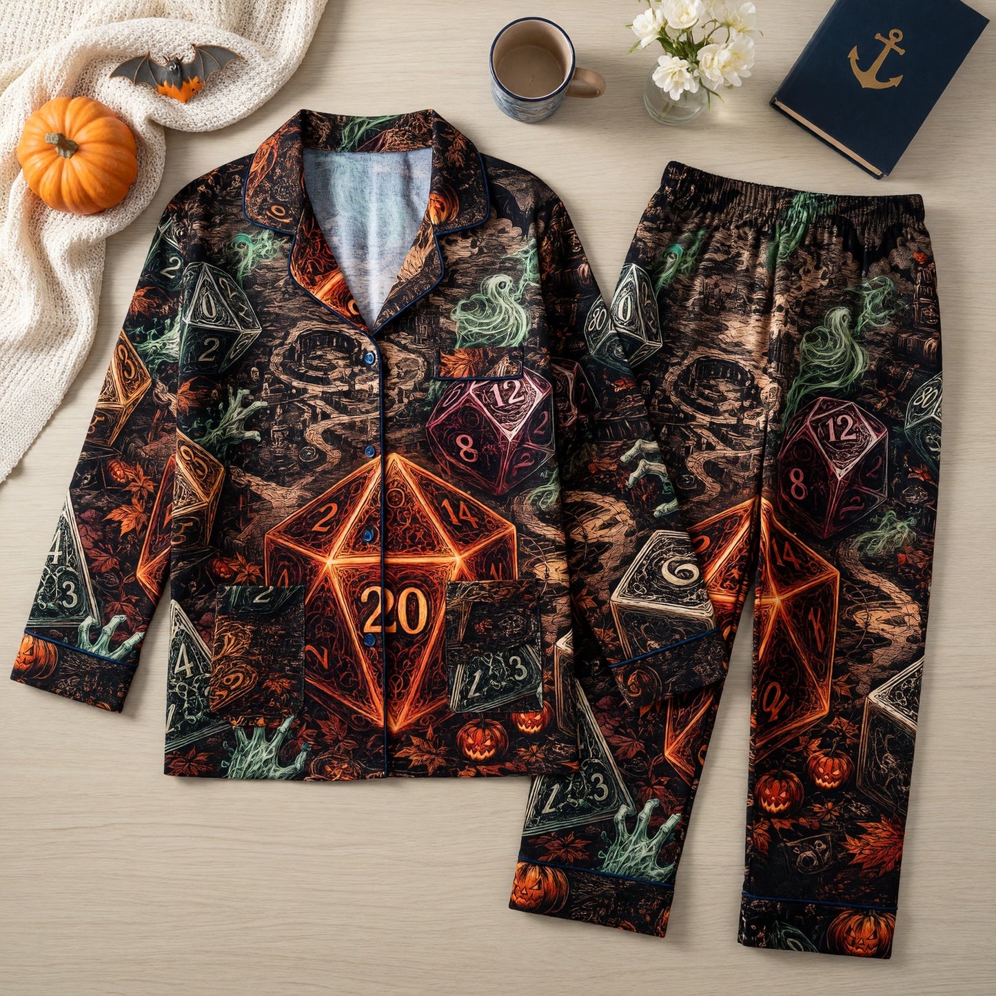 Gothic Halloween Dice Thick Pajama Set - Spooky RPG Sleepwear
