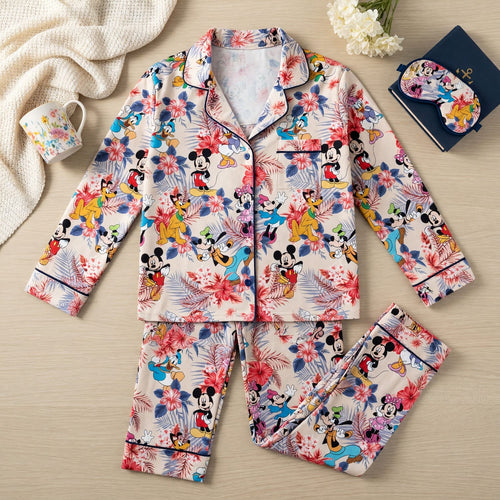 Mouse And Friends Thick Pajama Set - Tropical Floral Hawaiian Print
