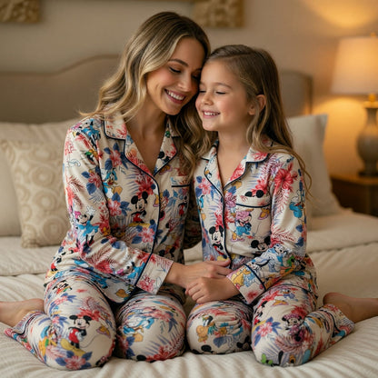 Mouse And Friends Thick Pajama Set - Tropical Floral Hawaiian Print