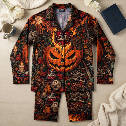 Halloween Thick Pajama Set - Flaming D20 Pumpkin Sleepwear