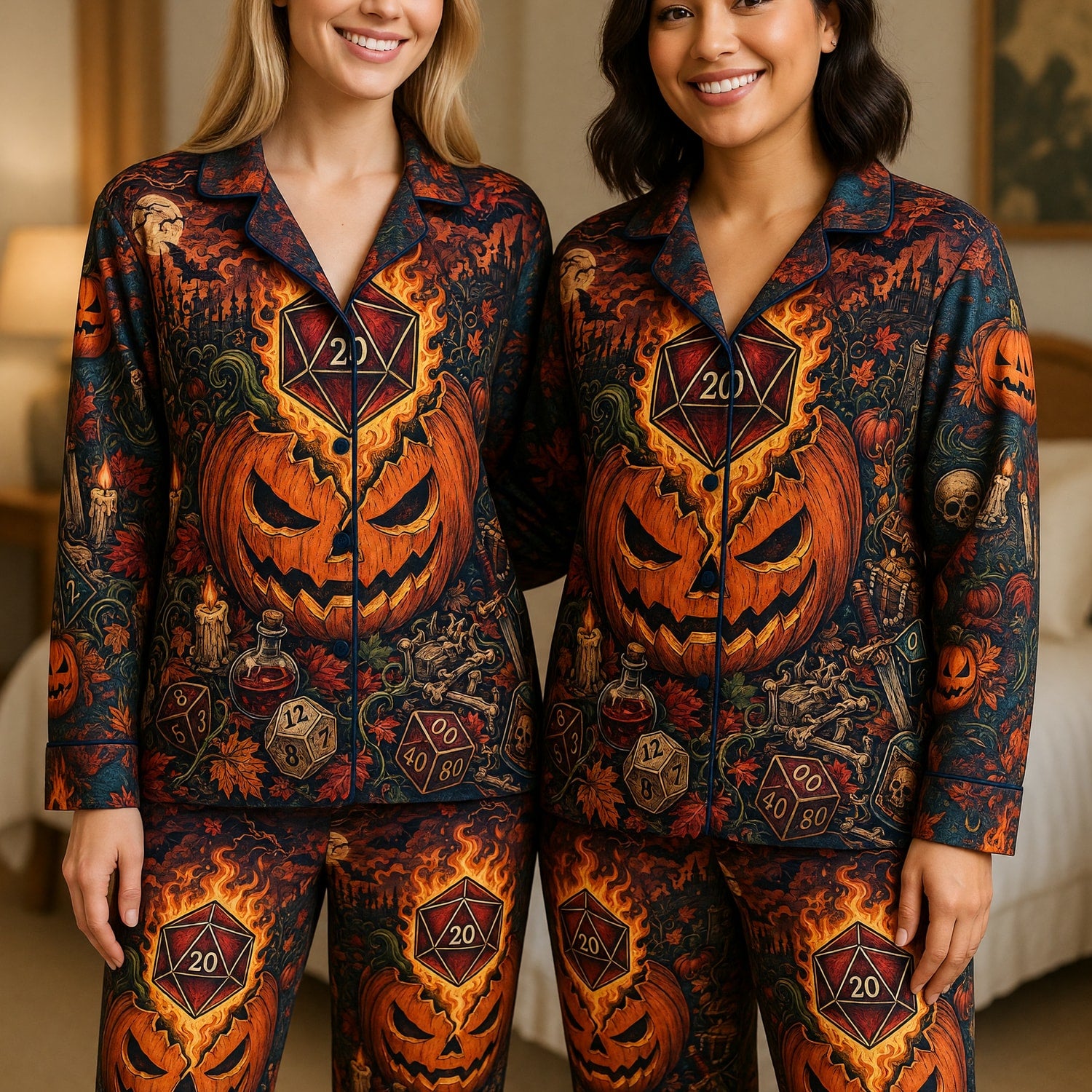 Halloween Thick Pajama Set - Flaming D20 Pumpkin Sleepwear