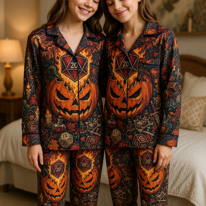 Halloween Thick Pajama Set - Flaming D20 Pumpkin Sleepwear
